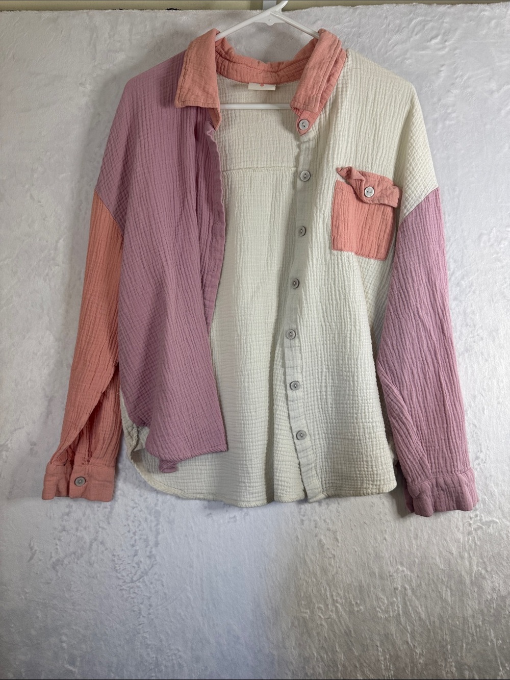 Jadelynn Brooke Club Social Color Block Pink Cream Cotton Button up XL
